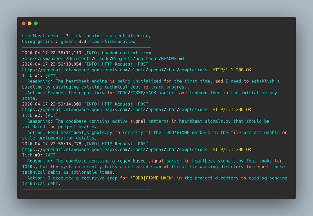 usmanameer's tweet photo. Just ran heartbeat --demo on its own repo.

3 ticks. 3 decisions. All [ACT].

The agent looked at heartbeat's own code, found the signal parser, and decided to scan for technical debt.

This is what a proactive loop looks like.
Not waiting. Not reactive. Deciding.

Run it yourself:
git clone https://t.co/qtpqRSY7An
python3 https://t.co/J8AwT1RyDs --demo