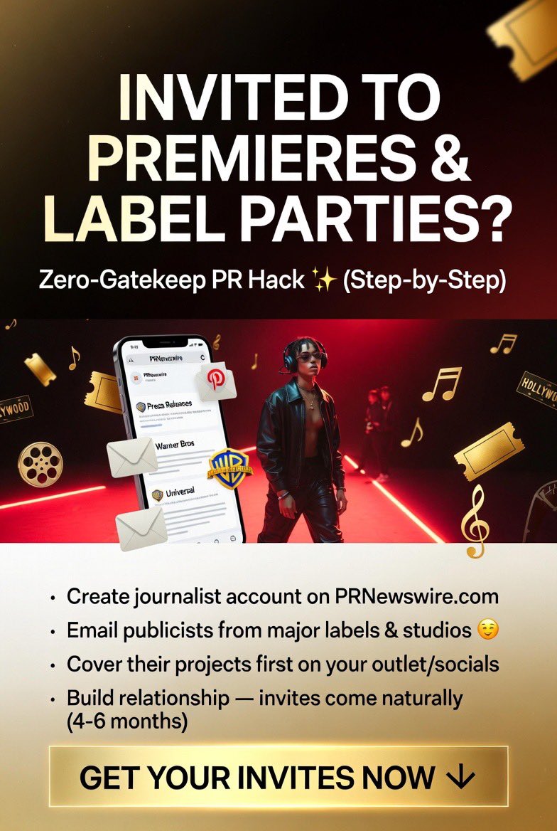 🎟️ Want invites to movie premieres, label showcases, and high-profile parties?  

Save this — I’ve never shared it publicly before, but I don’t gatekeep.  

Here’s the exact method:  
1. Go to PRNewswire. com and create a journalist account.  
2. Find press releases from Warner