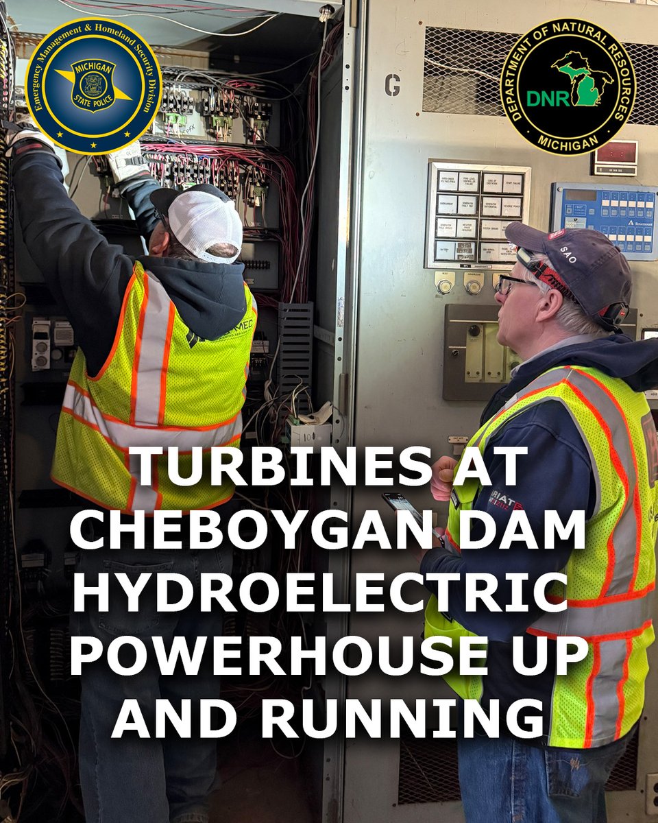 MichEMHS's tweet photo. While water levels have dropped at the Cheboygan Lock and Dam Complex, they’re expected to fluctuate further as water moves into the basin from upstream. @ConsumersEnergy, @detroitdistrict, state agencies and other contractors worked long hours to reopen the powerhouse.

📰Get the latest from the @MichiganDNR news release.

👍Click “follow” to ensure you see important updates. This page is the official source of emergency and disaster information from the State of Michigan.

@MichStatePolice | #micheboygandam2026 | #emergencymanagement | #miwx | #michiganflooding | #PublicSafety