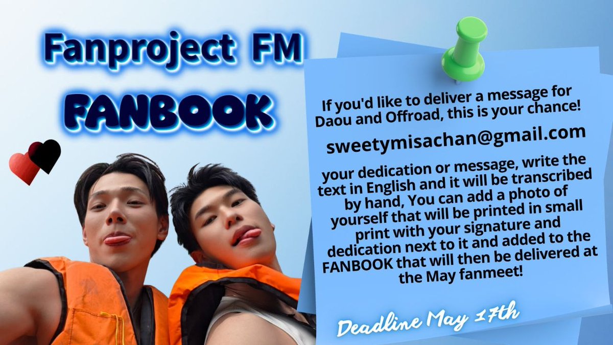 moon_is_unknown's tweet photo. Want to deliver a personal message to Daou and Offroad? ✍️ Join the Fanbook project! You can even include a photo and your signature. Let’s make this unforgettable! ❤️🩹
📧 Details: sweetymisachan@gmail.com
#DaouOffroad #Fanmeetinrome https://t.co/9zNZjNNXcf