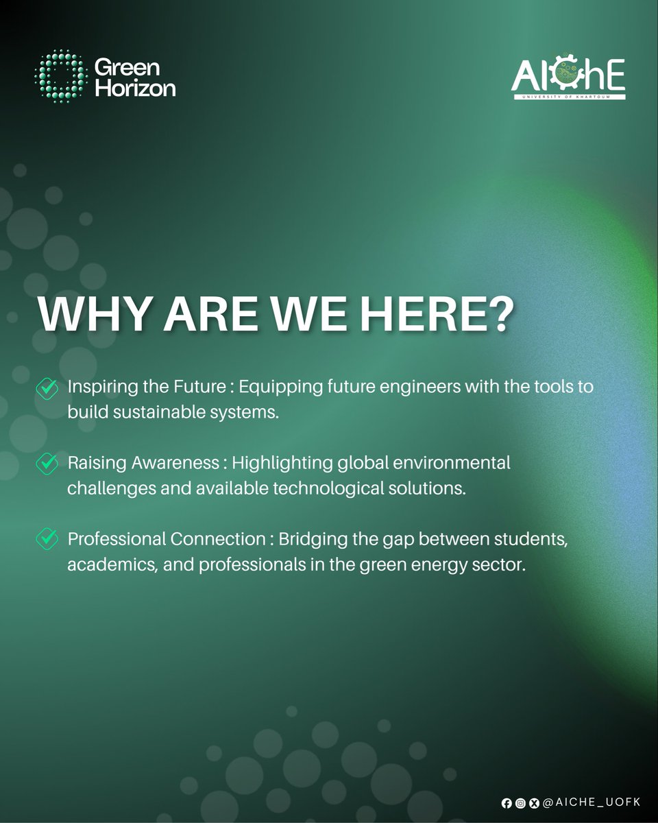 AIChEuofk's tweet image. Green Horizon is a sustainability forum with sessions, discussions, and a hands-on green activity. 
📍 Al-Turabi Hall – Faculty of Engineering | 📅 April 22
#GreenHorizon #GreenFuture #AIChE