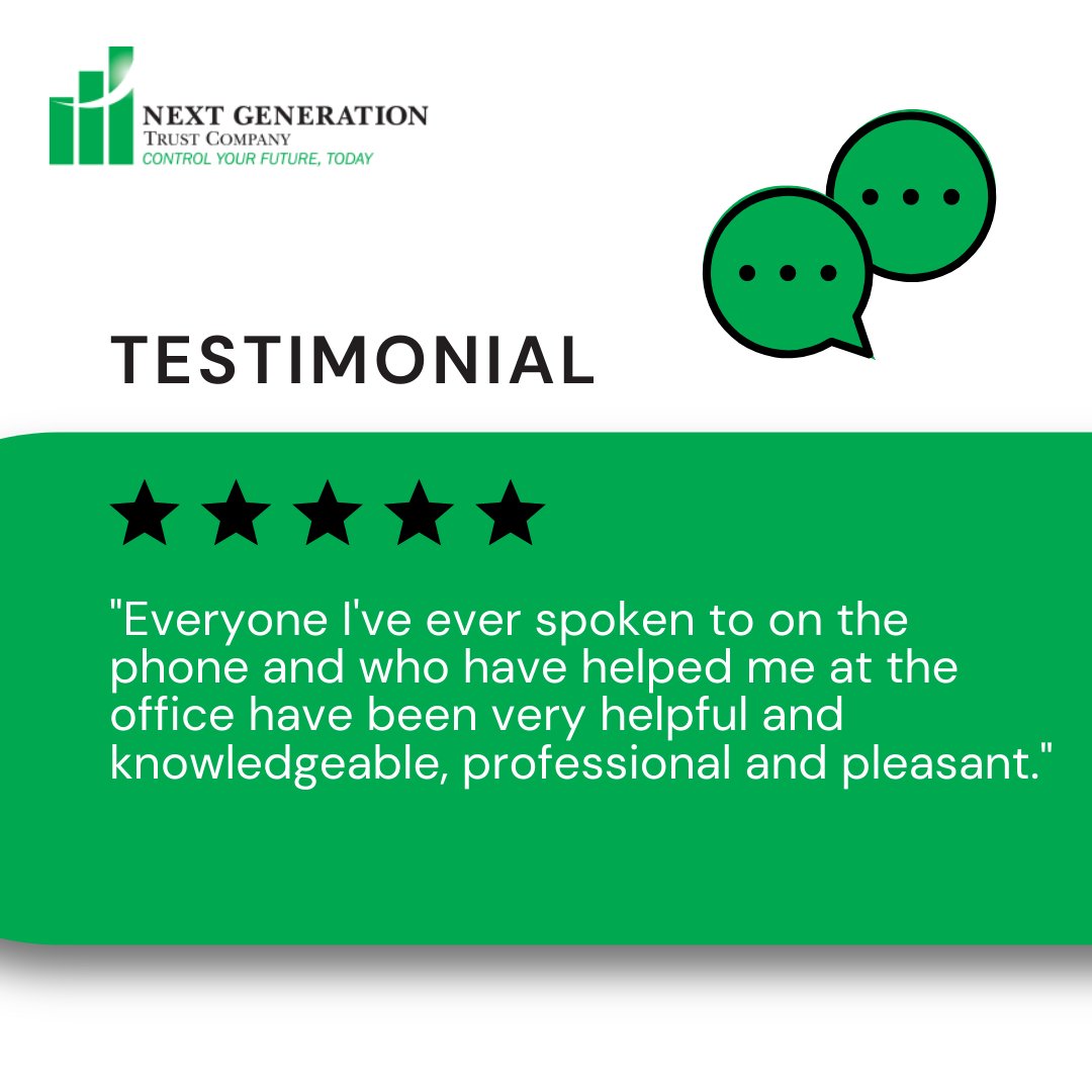 NextGenTrustCo's tweet image. Every interaction counts. We focus on delivering knowledgeable, professional support and a positive experience, whether you’re calling our team or visiting the office.

See what our clients are saying: nextgenerationtrust.com/testimonials/

#NextGeneration #SDIRA #RetirementPlanning #Finance