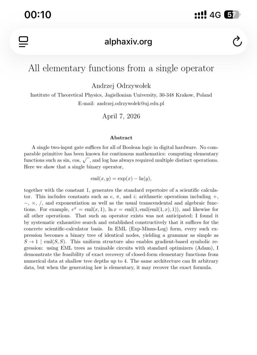 Shad_khalif's tweet photo. They’ve made me stay out past midnight so lemme finally get to this ground breaking paper. Andrzej hypothesis that he can derive all elementary functions from a single operation called EML(exponential minus log). That is, eml(x, y) = exp(x)−ln(y). https://t.co/zsP2tk6TmG
