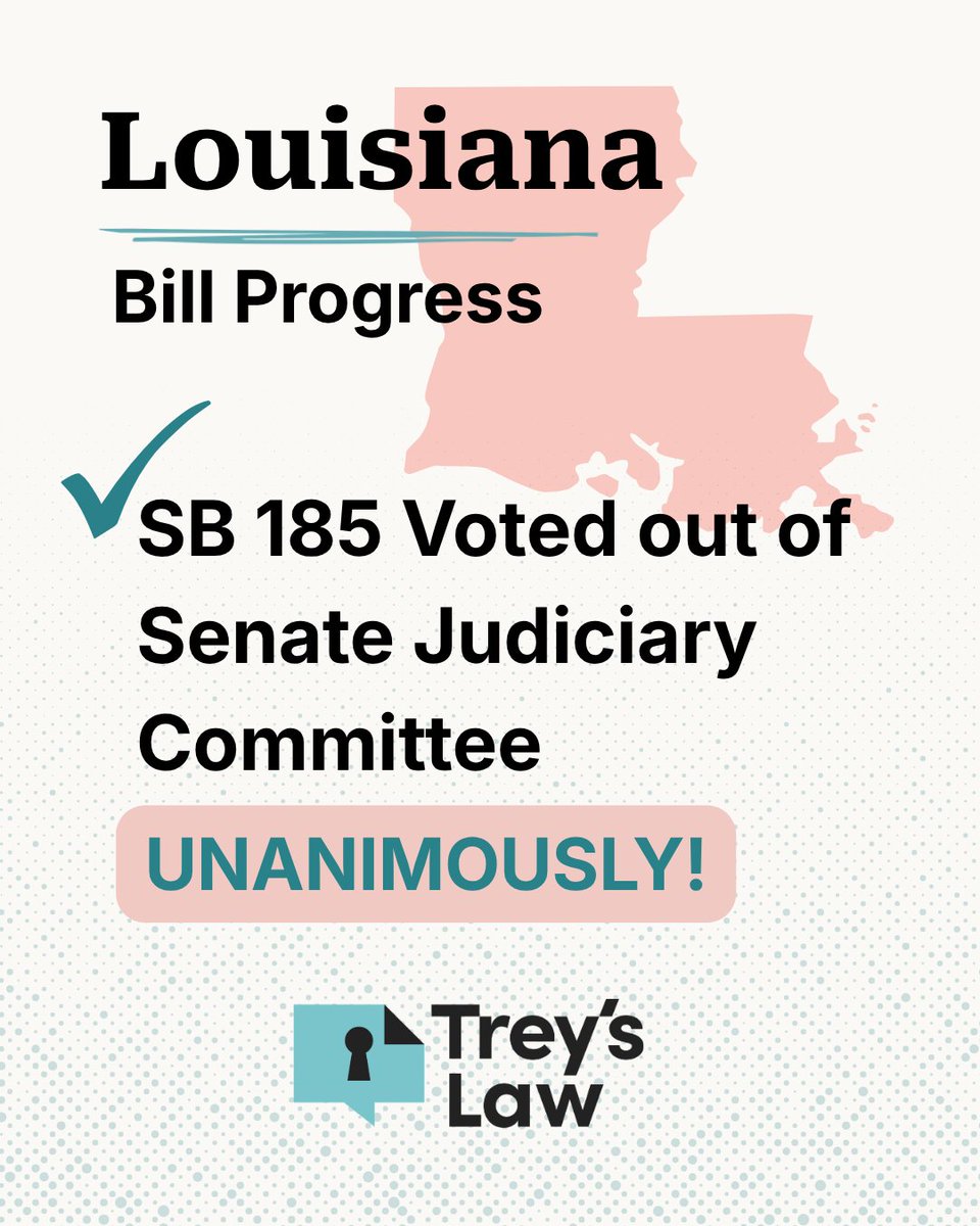 treys_law's tweet photo. 📣 #TreysLaw passed the Senate Judiciary Committee Louisiana…UNANIMOUSLY!
Senate Bill 185 will now move to the Senate Floor for a vote.
Authored by Sen. Thomas Pressly @presslyforla, #SB185 would render nondisclosure agreements (NDAs) void and unenforceable in civil settlements pertaining to child sexual abuse. The bill protects victims’ voices by ensuring survivors maintain their right to freely tell their stories.
TAKE ACTION: If you live in Louisiana, please contact your state legislators to advocate for the prompt passage of #SB185 as an urgent matter of public safety. Silence should not be for sale!
#NDAfree #StandWithSurvivors #Unsilenced #LALege #Louisiana