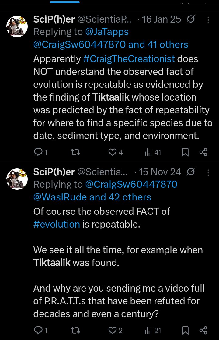 ScientiaPercept's tweet image. 2nd: x.com/CraigSw6044787…
I already brought, up more than a year ago, Tiktaalik &amp;amp; terrestrial whale fossils were found due to locations being predicted.

The order of the ENTIRE fossil record is predicted by #evolution REFUTING #CraigTheCreationist's Noachian mythology.1/2