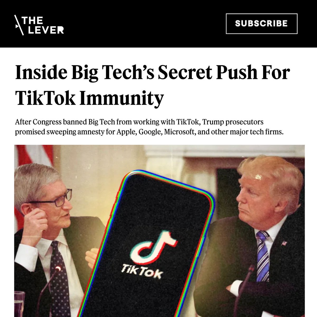 Congress banned Big Tech from working with TikTok over national security concerns.

Then Apple, Google, and Microsoft went to DOJ and asked for assurances they wouldn’t be prosecuted for… working with TikTok anyway.

New docs show they got that protection.