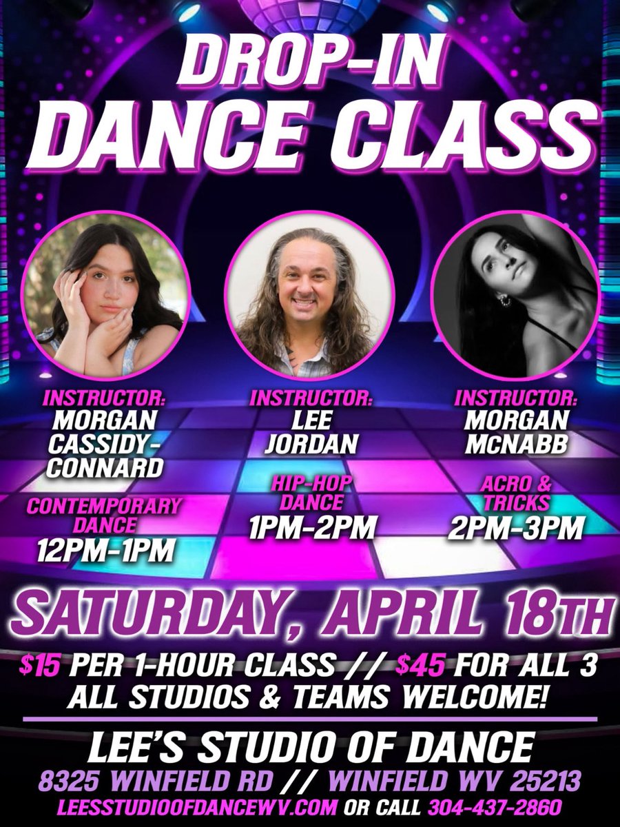 leesdancewv's tweet photo. DROP IN DANCE CLASSES Tomorrow starting at 12 noon . Come out to Lee's Studio Of Dance to try three different styles with three different teachers .     

Only $15 per class 💙💜💙💜 https://t.co/N4WDnt60CD