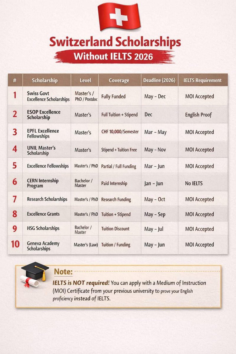 TO WHOM IT MAY CONCERN, 

For individuals interested in studying in Switzerland 🇨🇭, there are FULLY FUNDED scholarships available. Please review the application deadlines.

Best wishes!