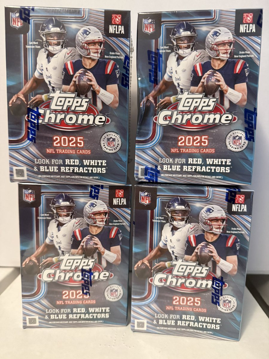 Got four 2025 Topps Chrome football blasters for sale. 

$60 each, includes shipping.