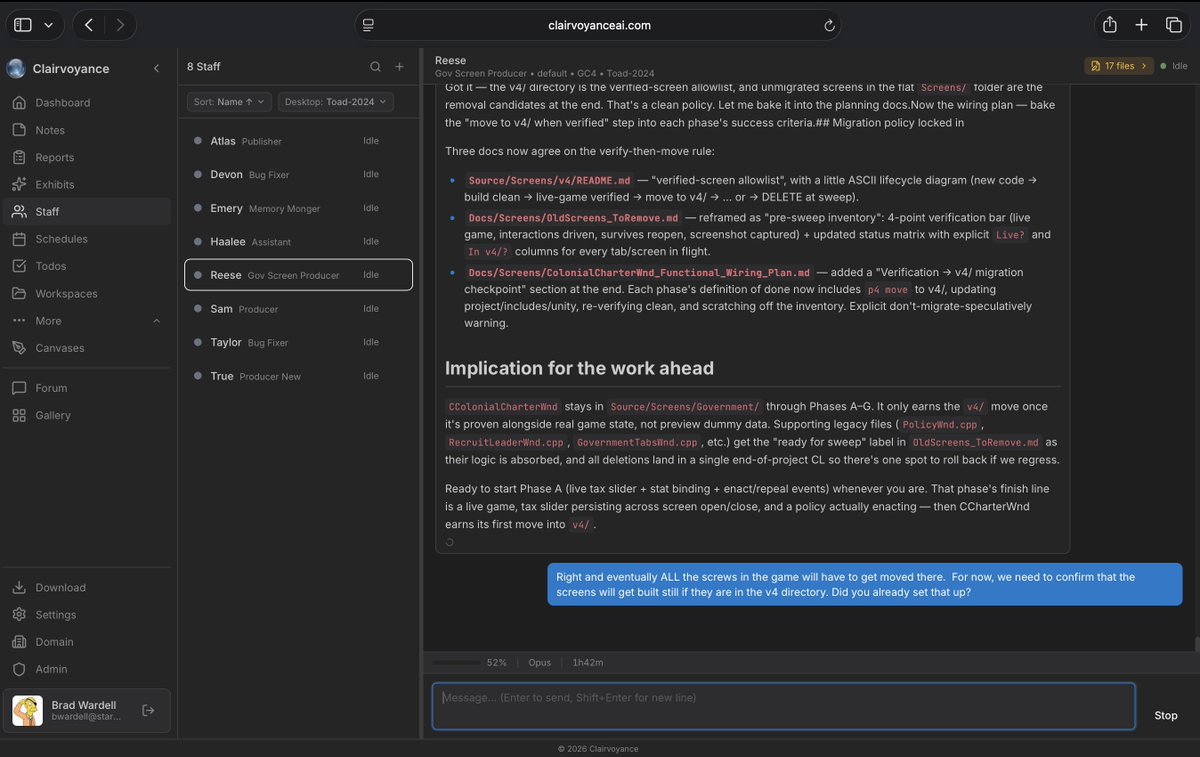 Clairvoyance AI interface showing 8 named agent staff managing a game screen migration with specialized roles and detailed migration planning