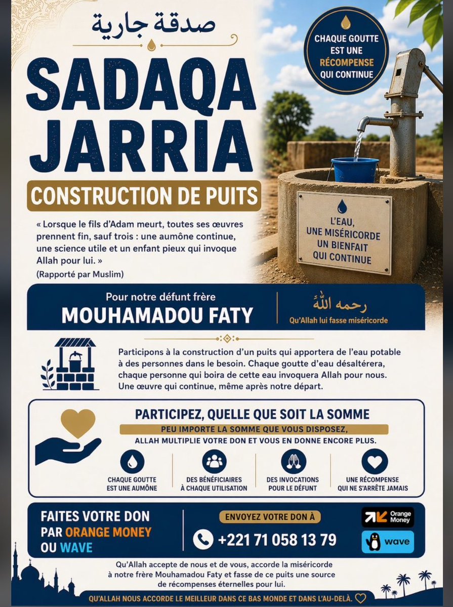 Salam, vous vous souvenez du frère Mouhamadou Faty dont je vous avais parlé, qui est décédé ? Nous avons décidé de faire une sadaqa jariya pour lui. N’hésitez pas à participer ou à retweeter afin que les bonnes volontés puissent voir et contribuer 🥹.