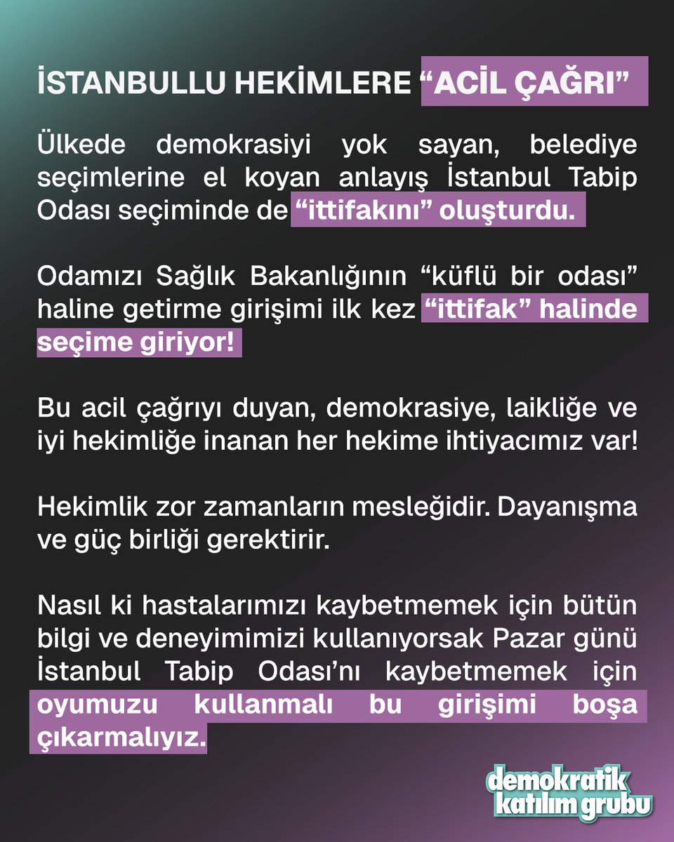 Hekimden hekime acil çağrı!🚨

Pazar günü yapılacak İstanbul Tabip Odası seçimine gelmezsek, “bir oydan ne olur” diye üşenirsek, “zaten kazanılıyor” diye düşünürsek bu sefer iş işten geçebilir!

Ülkeyi yöneten “ittifakçılar” İstanbul Tabip Odası seçimi için ortaklaştı.

Haydi