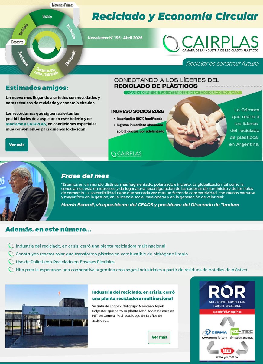 CAIRPLAS1's tweet photo. ¡Ya salió el Boletín Reciclado y Economía Circular N°156! Te invitamos a leerlo en el siguiente link: https://t.co/EHQ2mqtBN4 https://t.co/8eyXVHWBM3