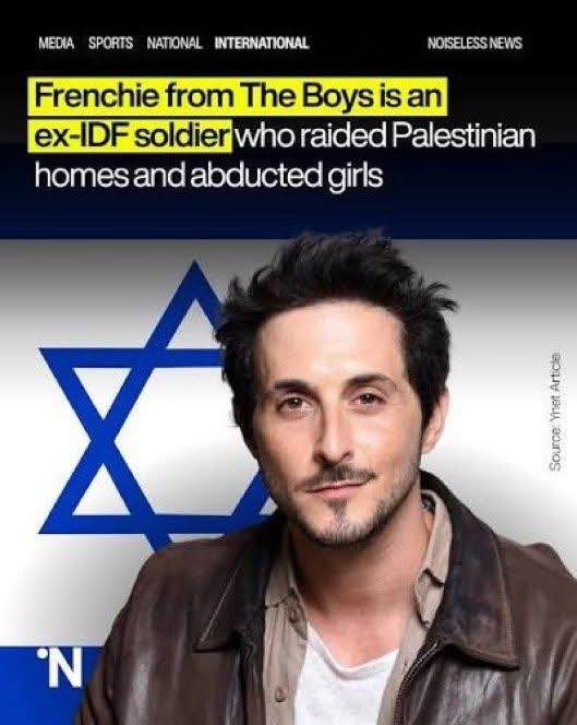 Llamamos al boicot de The Boys, serie distribuida por Amazon Prime Video, tras la difusión de declaraciones del actor Tomer Capone en las que él mismo relató haber participado, durante su etapa como miembro de las IDF, en secuestros, golpizas saqueos y acoso contra palestinos🧵