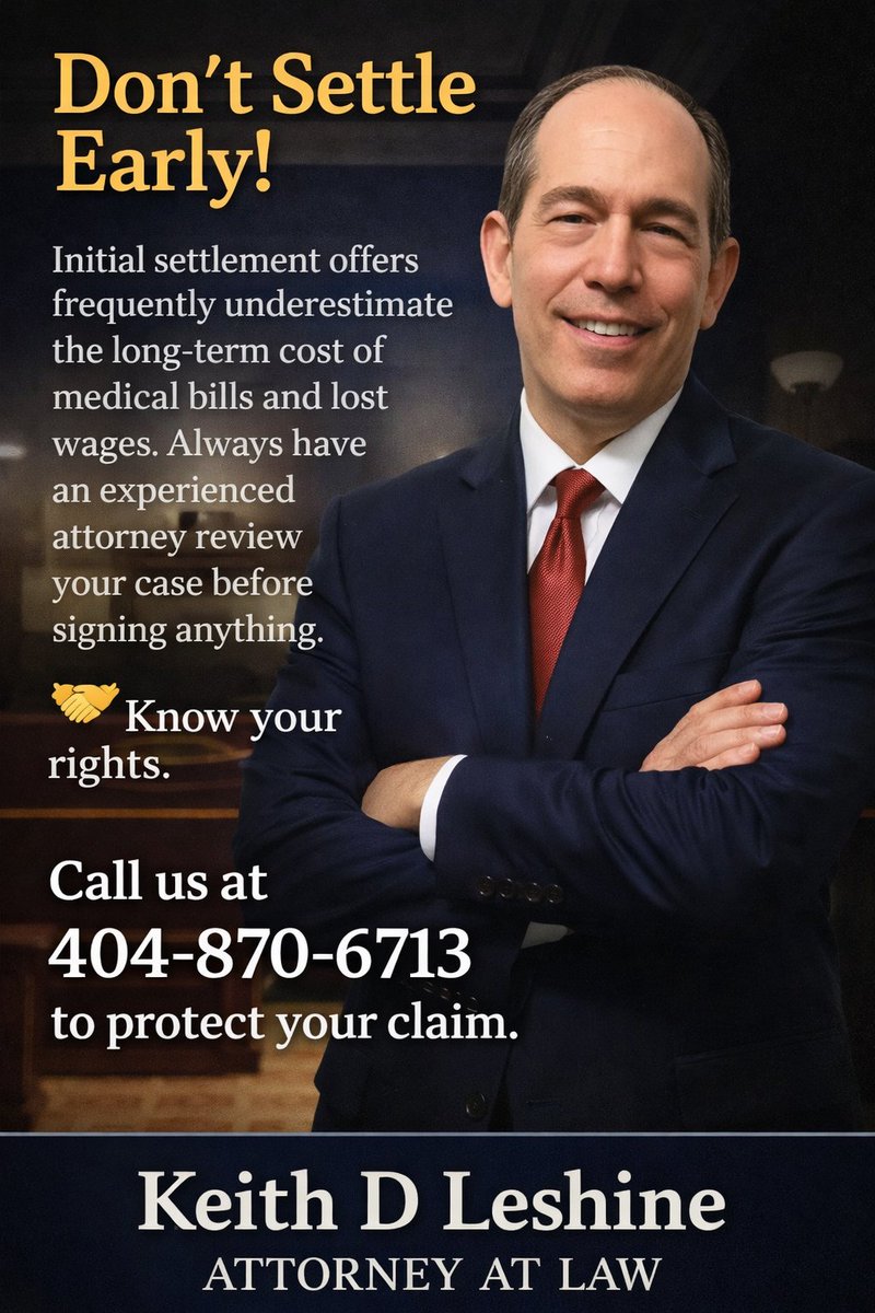 KLeshine's tweet photo. Initial settlement offers often undervalue your claim, failing to account for future medical expenses, lost wages, and long-term impact on your life

Before you sign anything, protect yourself by speaking with an experienced personal injury attorney

📷 Call 404-870-6713 today https://t.co/7XyzWwUbNm
