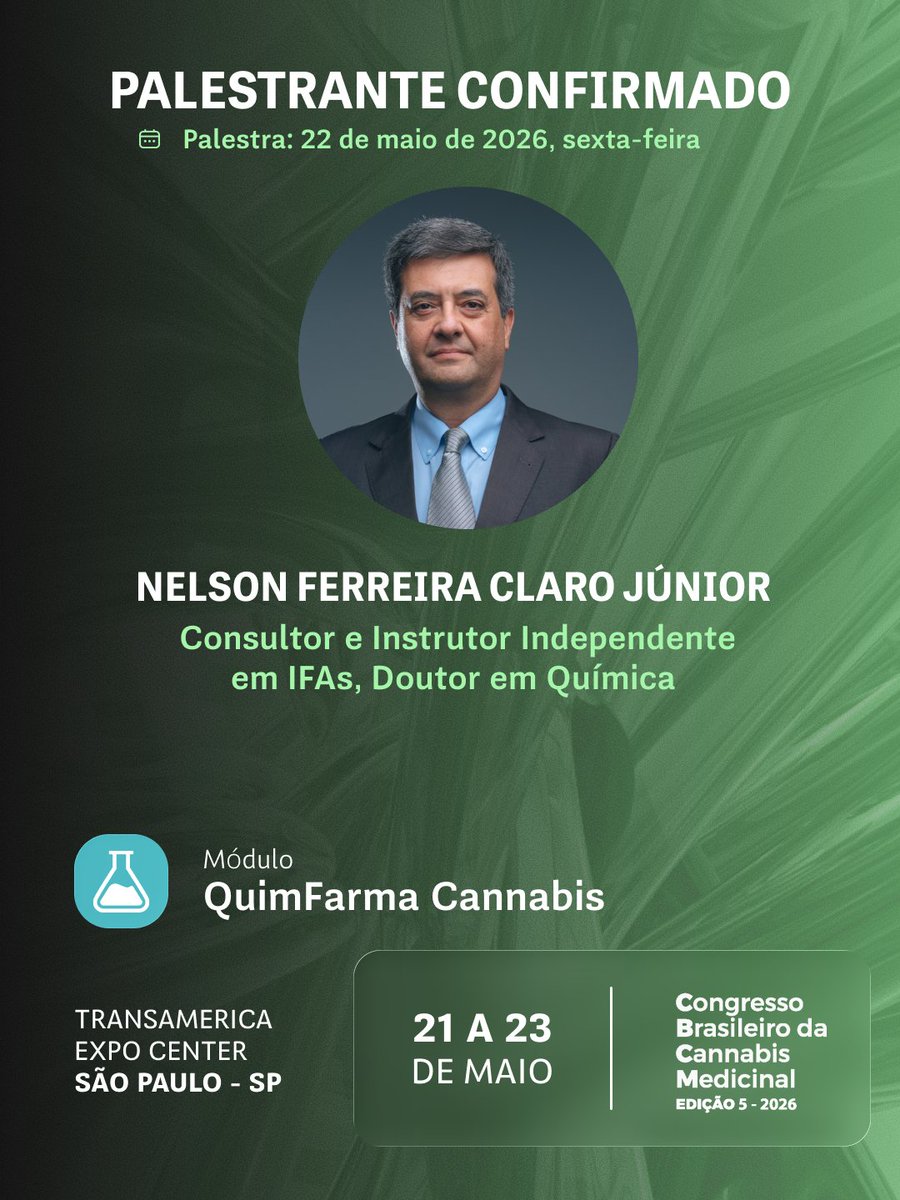 CBCM | O químico Dr. Nelson Ferreira Claro Júnior (USP), especialista com mais de 23 anos de atuação em IFAs e regulação farmacêutica, é presença confirmada no CBCM 2026, de 21 a 23 de maio, em SP.

📲Saiba mais na #sechat: zurl.co/Npsbw