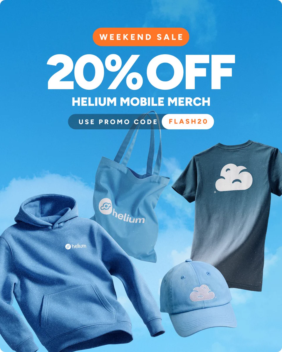 Weekend Sale: 20% Off Helium Mobile Merch. Use Promo Code Flash20. 