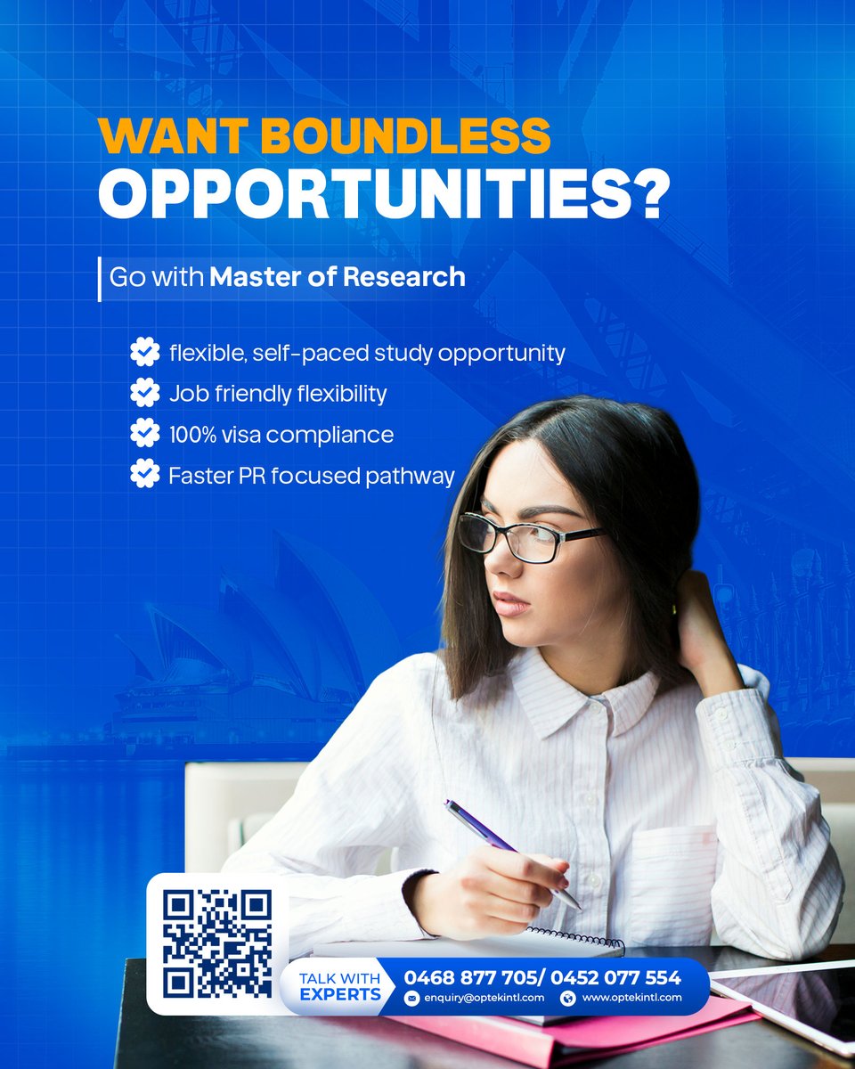 optekintl's tweet image. Flexible, future-proof and PR ready career track, get all these in one course. Grab endless possibilities with the Master of Research!

Reach out to us with your queries!

𝐖𝐞𝐛𝐬𝐢𝐭𝐞: optekintl.com

#optekinternational
#optekintl #opteksucess
#visaserviceaustralia