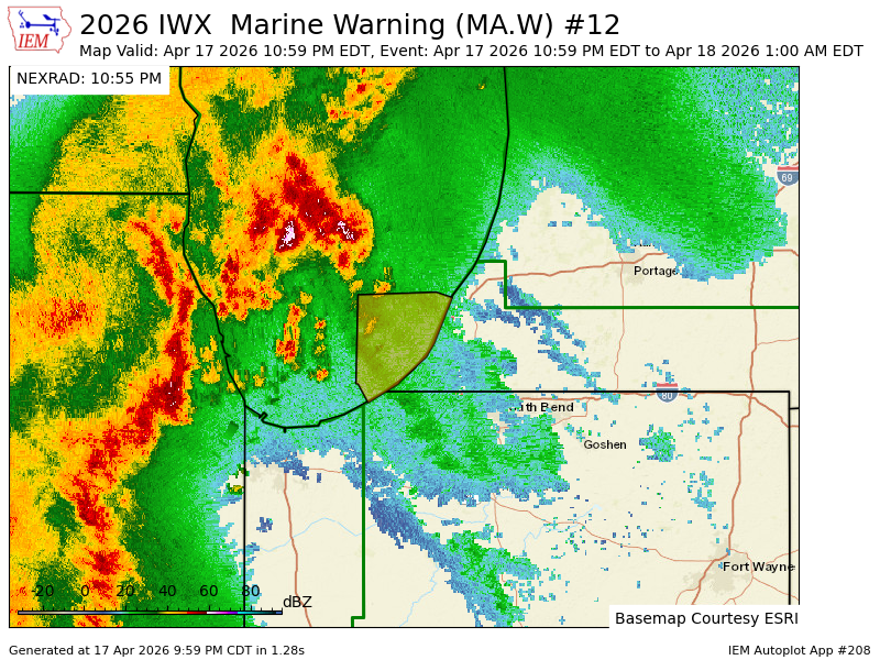 IWX issues Marine Warning [wind: 49 KTS, hail: 0.00 IN] for Lake Michigan Michigan City IN to St. Joseph MI 5 NM offshore to mid-line of lake., Michigan City IN to New Buffalo MI, New Buffalo MI to St Joseph MI [LM] till Apr 18, 1:00 AM EDT mesonet.agron.iastate.edu/vtec/f/2026-O-…