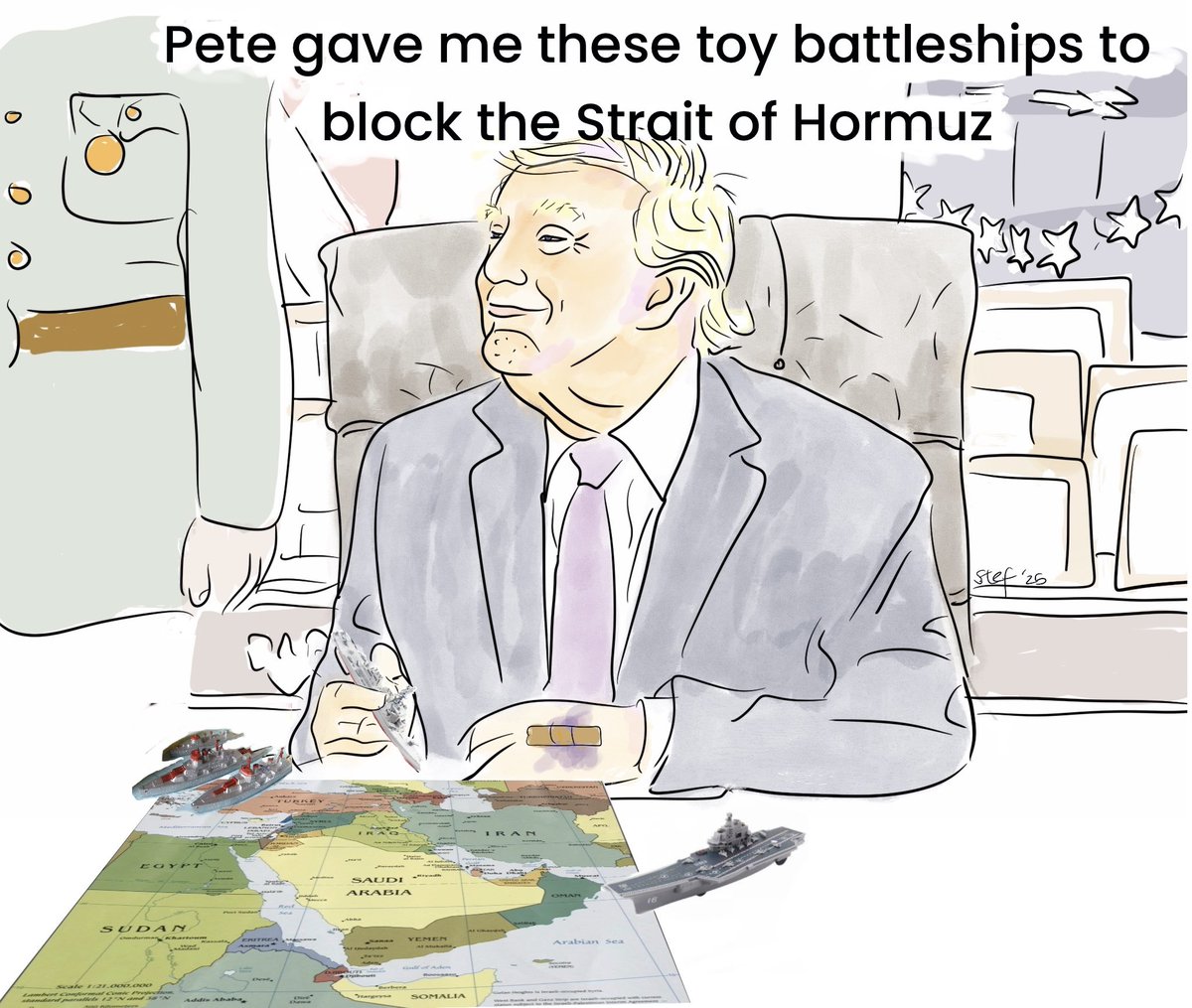 trumpetsnoise's tweet image. This week in Washington. Wiping out windmills with Crusader rabbit leading the charge with Pentagon Pete, a Door Dash Grandma, toy ships for Trump blockade and a MMA match starring cabinet cringes.

 #politicalcomedy @politico @PolitCartoonz @HillaryClinton @DailyIranNews
