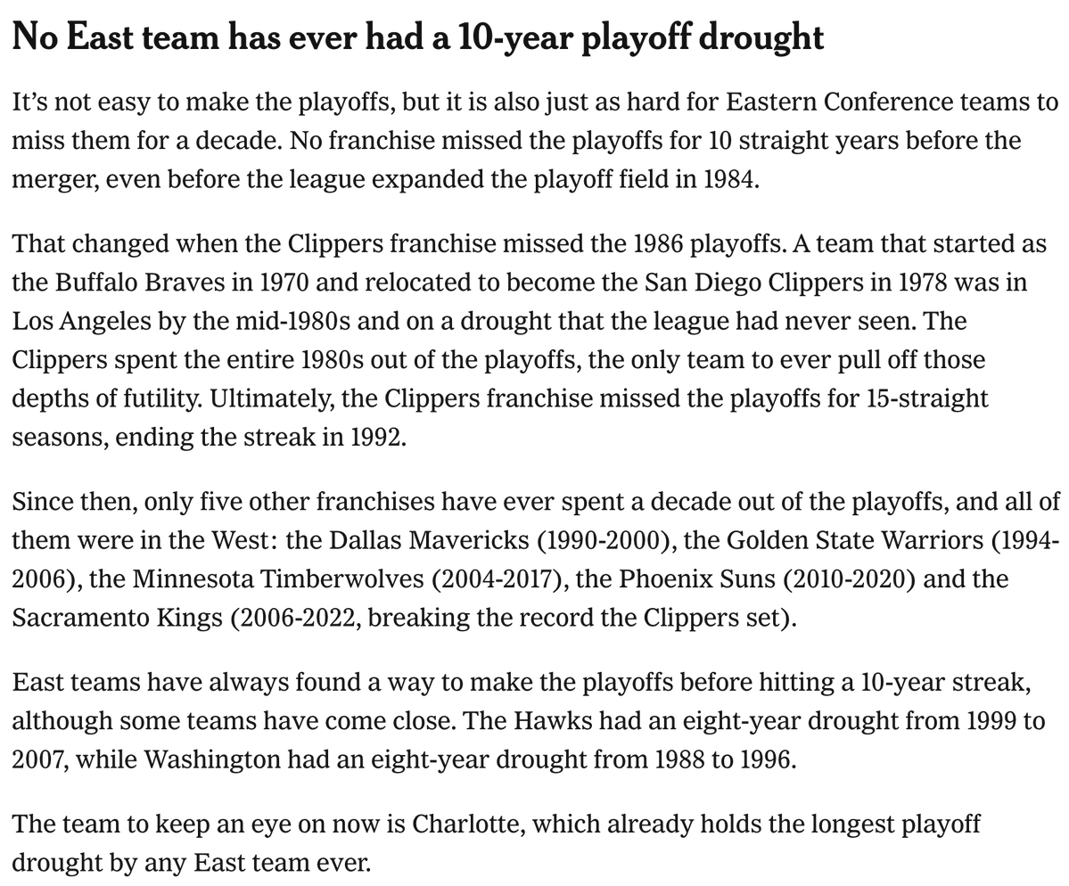 For the first time in the history of the NBA

An Eastern Conference team has missed the playoffs for ten consecutive seasons.