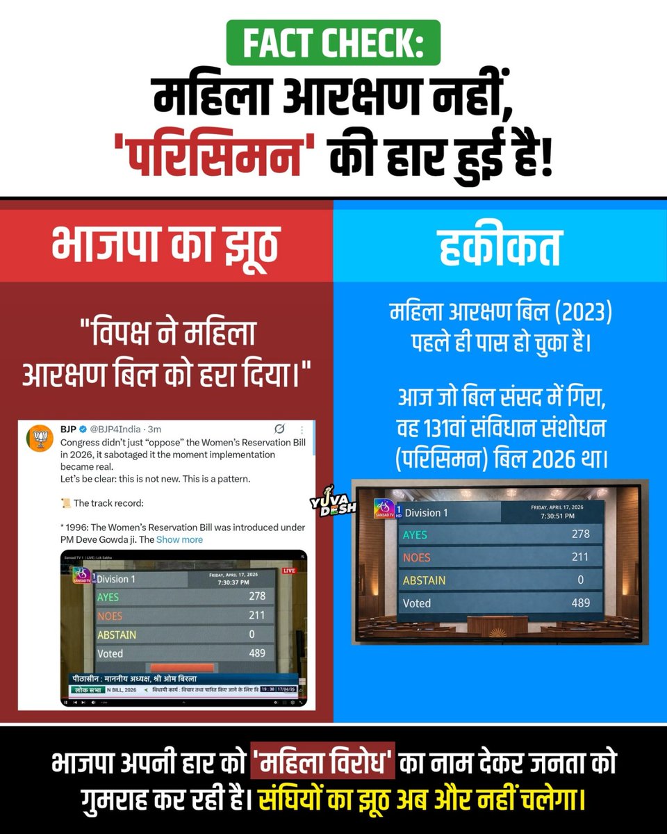 गोदी मीडिया और BJP देश को गुमराह कर रहे है।

यह महिला आरक्षण बिल नहीं था, बल्कि संविधान संशोधन बिल था। लोकसभा की सीटों को 543 से बढ़ाकर 840 करने का प्रस्ताव था। महिला आरक्षण कानून तो वर्ष 2023 में सभी दलों की सहमति से पहले ही पारित हो चुका है।