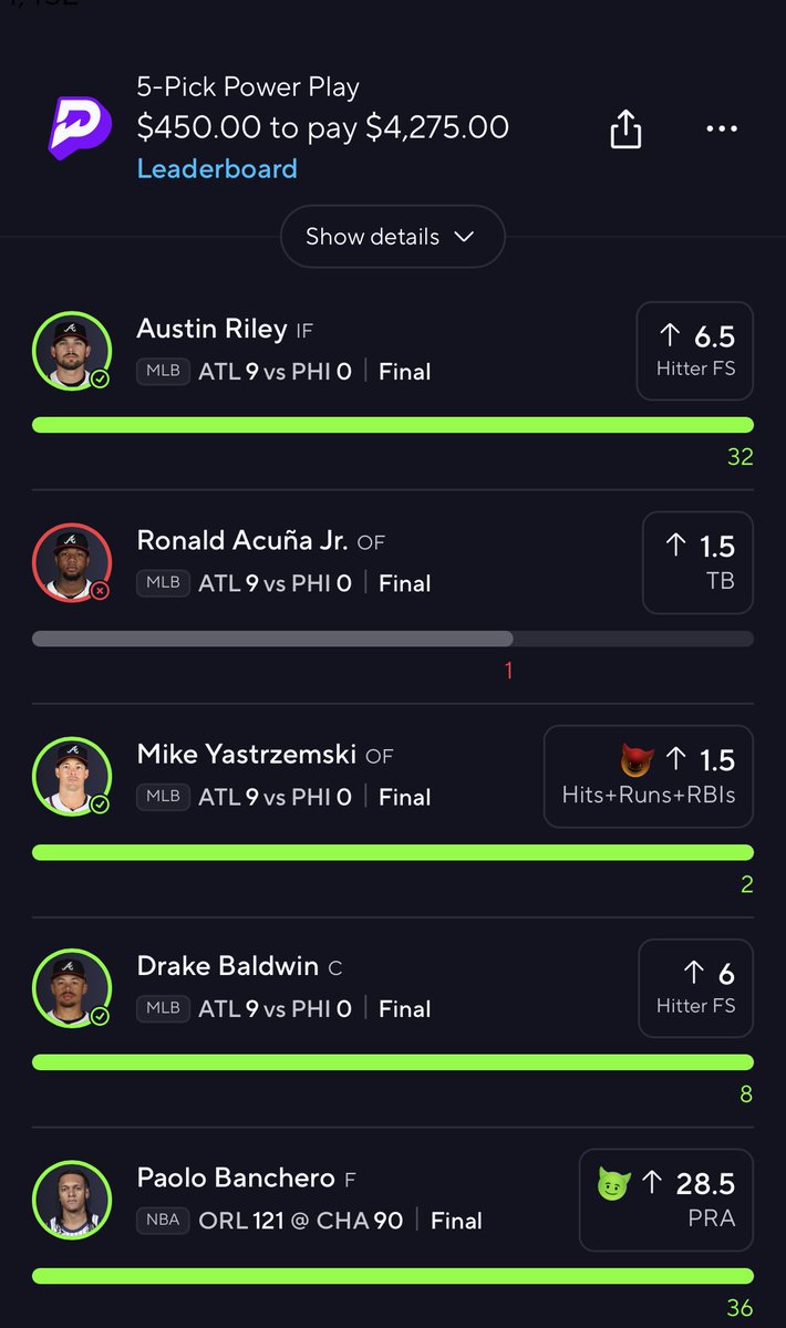 DreamPicksVIP's tweet photo. Thank You Acuna 👍🏼

If you flexed u cashed 3X ✅

Should I keep posting these MLB Gamestacks 📚Here? 👀 https://t.co/TR6ekcFUPR