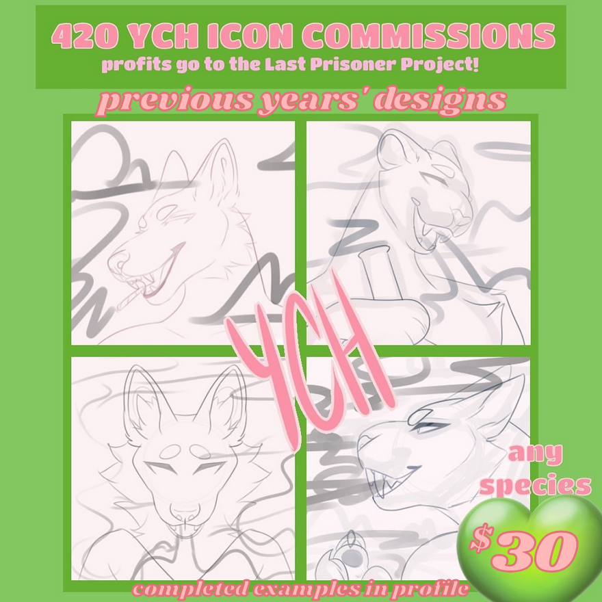 🍃💨420 YCH ICONS💨🍃
As tradition, I’m fundraising for the Last Prisoner Project for those incarcerated over cannabis!  

Like usual, prior years’ legacy bases are still available! Art examples in my profile, DM if interested and shares appreciated!💚