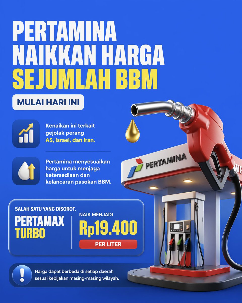 insimenofficial's tweet image. Pertamina resmi menyesuaikan harga sejumlah BBM mulai hari ini. Salah satu yang jadi sorotan, Pertamax Turbo naik menjadi Rp19.400 per liter. Penyesuaian ini disebut untuk menjaga pasokan energi tetap lancar di tengah gejolak global. #Pertamina #BBM #PertamaxTurbo
