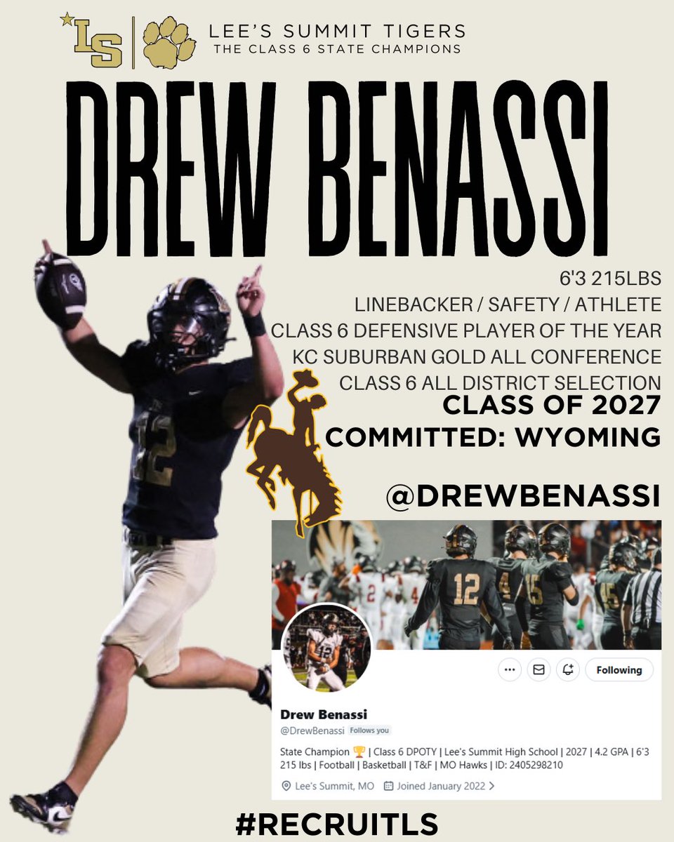recruitLSFB's tweet image. 2027 Drew Benassi 6’3 215lb 
Linebacker / Safety / Athlete
Class 6 DPOY - 120+ Tackles 
3 Sport Athlete - 4.2 GPA 
Plays all 3 Levels of the Defense
RB/HB Work Horse on Offense 
Committed to Wyoming @wyo_football 

@DrewBenassi #TheGeneral 
#RecruitLS