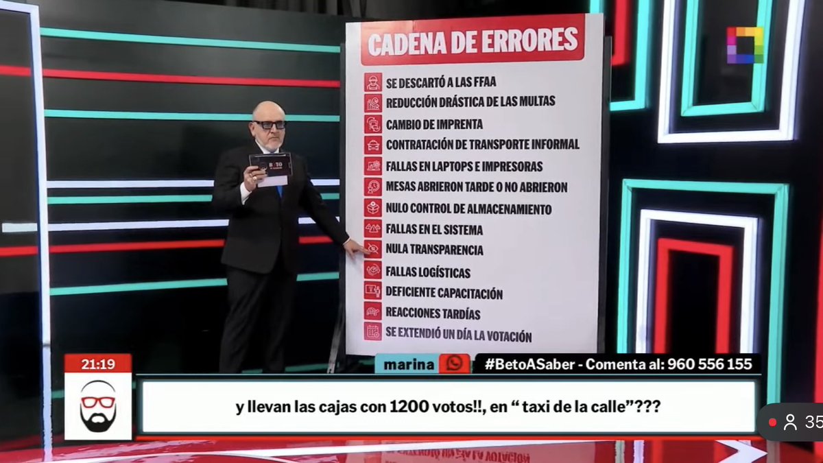 #BetoOrtiz 
CADENA DE ERRORES #ONPE 

❌ Se descartó a las FFAA
❌ Reducción drástica de las multas
❌ Cambio de imprenta
❌ Contratación de transporte informal
❌ Fallas en laptops e impresoras
❌ Mesas abrieron tarde o no abrieron
❌ Nulo control de almacenamiento
❌ Fallas en