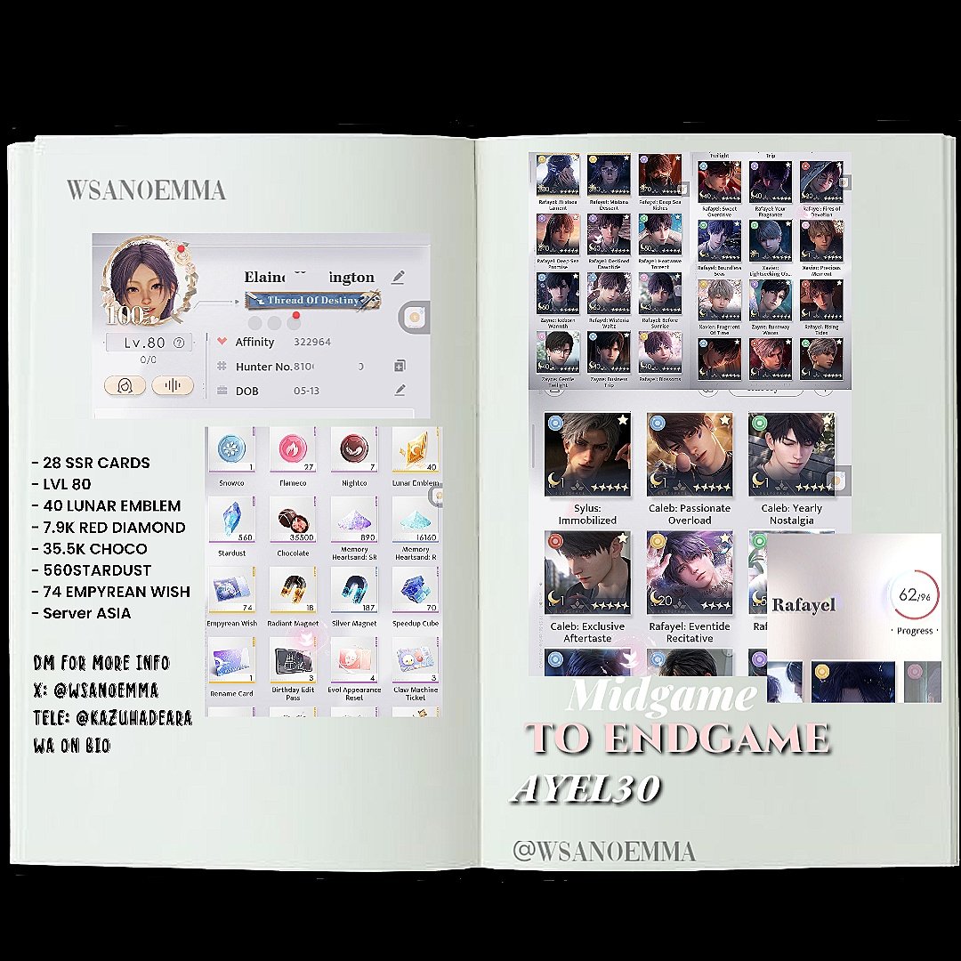 #WTS/MIDGAME TO ENDGAME / Rafayel Focused
28 SSR CARDS
🌟 LT (1/2)
🐟 AB RO (2/2), LSG (2/2)
7.9K DIAS
74 EMPYREAN WISH
35.5K Chocolate
CODE: AYEL30