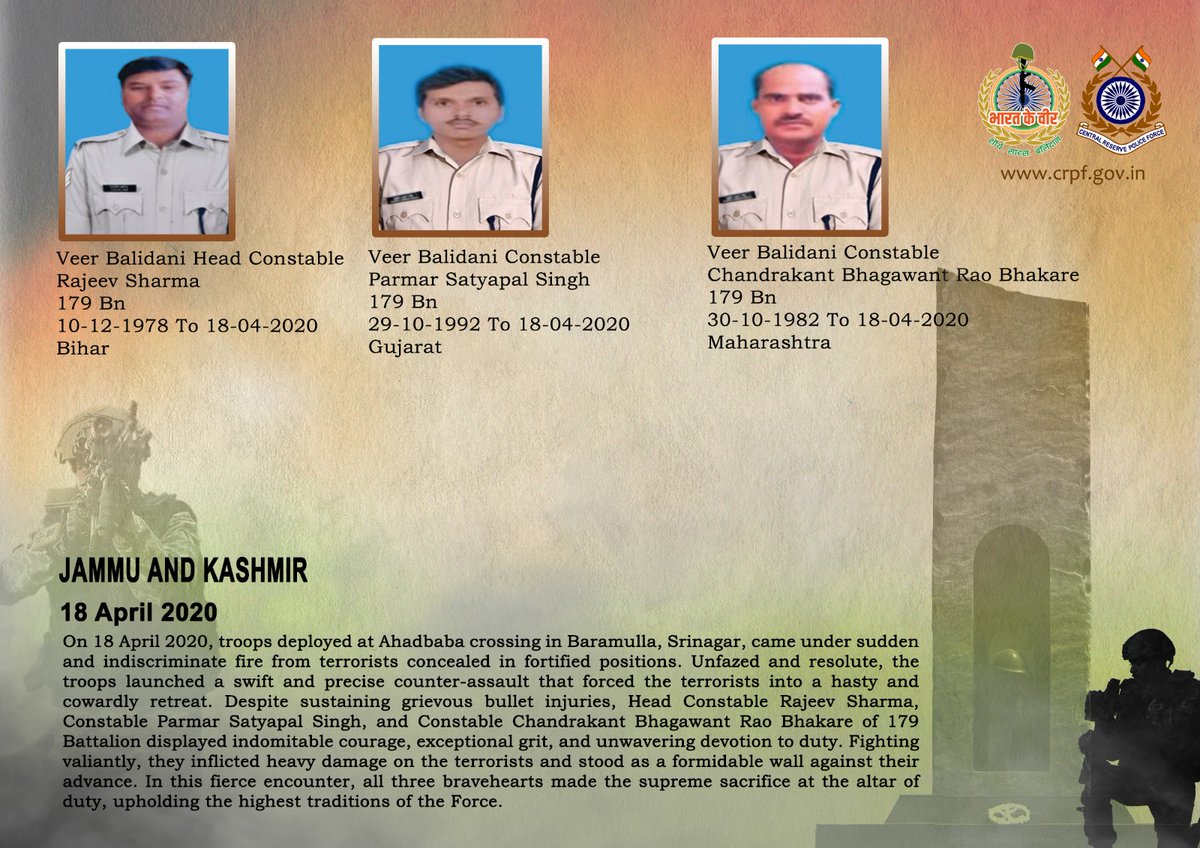 crpfindia's tweet image. DG and all Ranks of #CRPF pay solemn tribute to three valiant troopers of 179 Bn, who made the supreme sacrifice while countering a fierce attack by militants at Ahadbaba crossing in Baramulla, J&amp;amp;K on 18 April 2020. #CRPF salutes the bravehearts and pledges never to let their