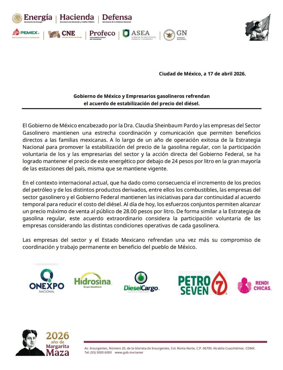 Hacienda_Mexico's tweet photo. 📢 #Comunicado conjunto.

Gobierno de México y empresarios gasolineros refrendan el acuerdo de estabilización del precio del diesel.

El Gobierno de México, encabezado por la Dra. Claudia Sheinbaum, y las empresas del sector gasolinero mantienen una estrecha coordinación y comunicación que permiten beneficios directos a las familias mexicanas. 

Al día de hoy, los esfuerzos conjuntos permiten alcanzar un precio máximo de venta al público de 28 pesos por litro. De forma similar a la estrategia de gasolina regular, este acuerdo extraordinario considera la participación voluntaria de las empresas tomando en cuenta las distintas condiciones operativas de cada gasolinera.
