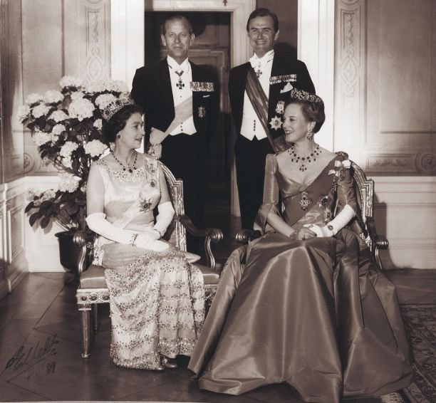 Portraits of Queens Elizabeth II and Margrethe II, joined by Prince Philip, Duke of Edinburgh and Prince Henrik of Denmark, circa 1979. 🇩🇰
