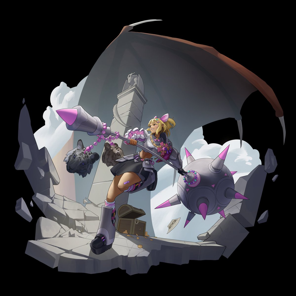 A_Magic_Rock's tweet image. The bright pink gyaru knight on a quest to defeat a dragon.

#conceptart #characterdesign #knight #gyaru