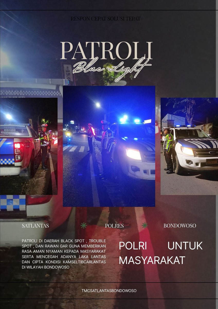 tmcbondowoso's tweet image. Anggota Satlantas Polres Bondowoso melaksanakan Patroli Blue Light guna mencegah terjadinya laka lantas, pelanggaran, 3C dan balap liar di wilayah hukum Polres Bondowoso
#polisi #ditlantaspoldajatim 
#humaspoldajatim 
#poldajatim 
#bondowoso