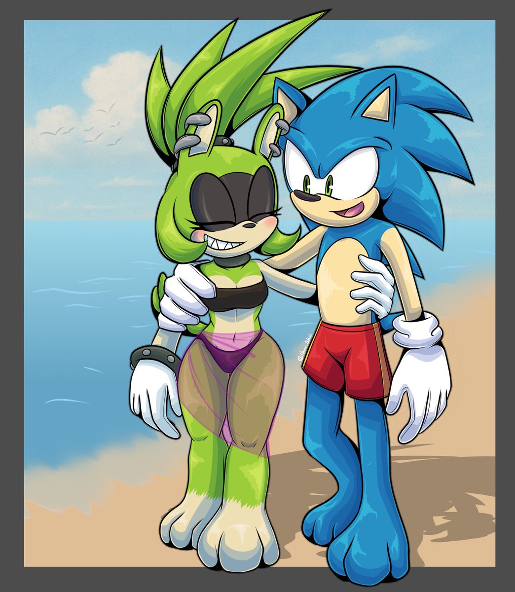 MauveMarsupial's tweet image. Getting hotter out, so, doing a repost of a sonurge beach date done by @HaiiroSlash. Sonic may TECHNICALLY know how to swim a bit now, but still, he’s mostly here to let Surge have a nice time. And still love using the partially sheer swim skirt as an add on for Surge. It’s cute.