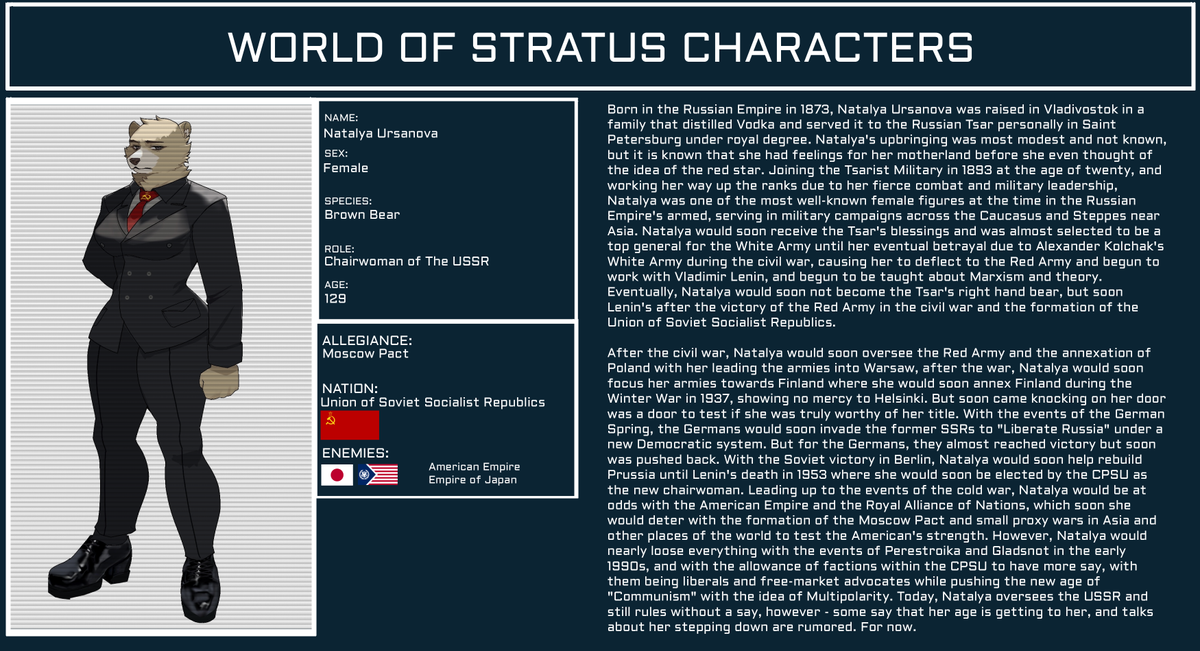 That_Dumb_Birdy's tweet image. Hey YOU, do you like bears? Do you like Communism!? 
This is Ursanova, one of my characters in the Stratus series, chairwoman/General Secretary of the USSR.

#anthro #furry #furryart