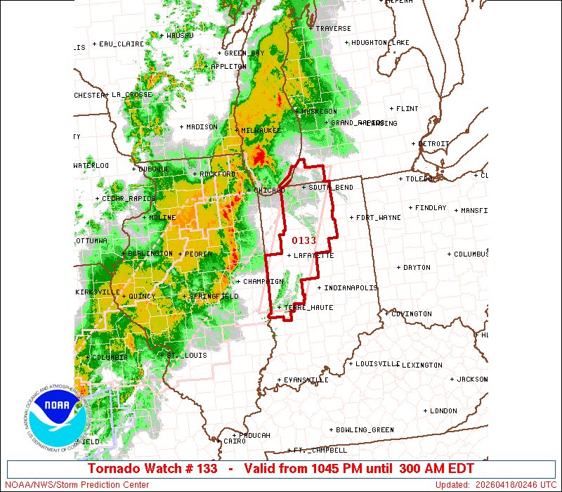 NWSSPC's tweet image. 9:47pm CDT #SPC_Watch WW 133 TORNADO IN MI LM 180245Z - 180700Z, #inwx #miwx #lmwx, spc.noaa.gov/products/watch…