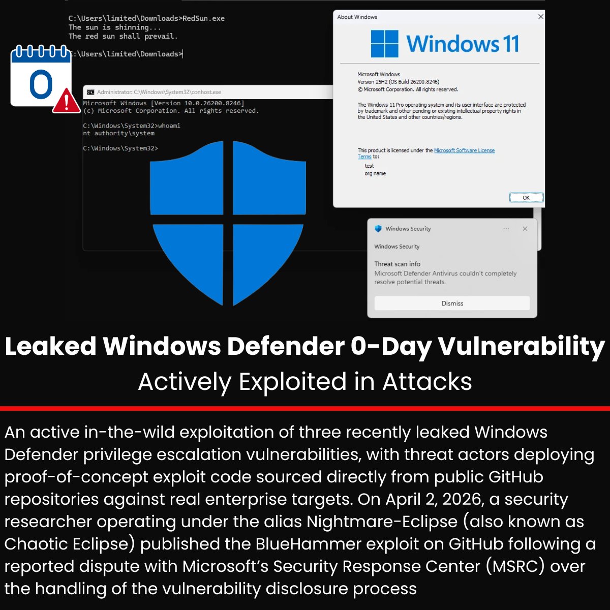 🚨 Leaked Windows Defender 0-Day Vulnerability Actively Exploited in ...