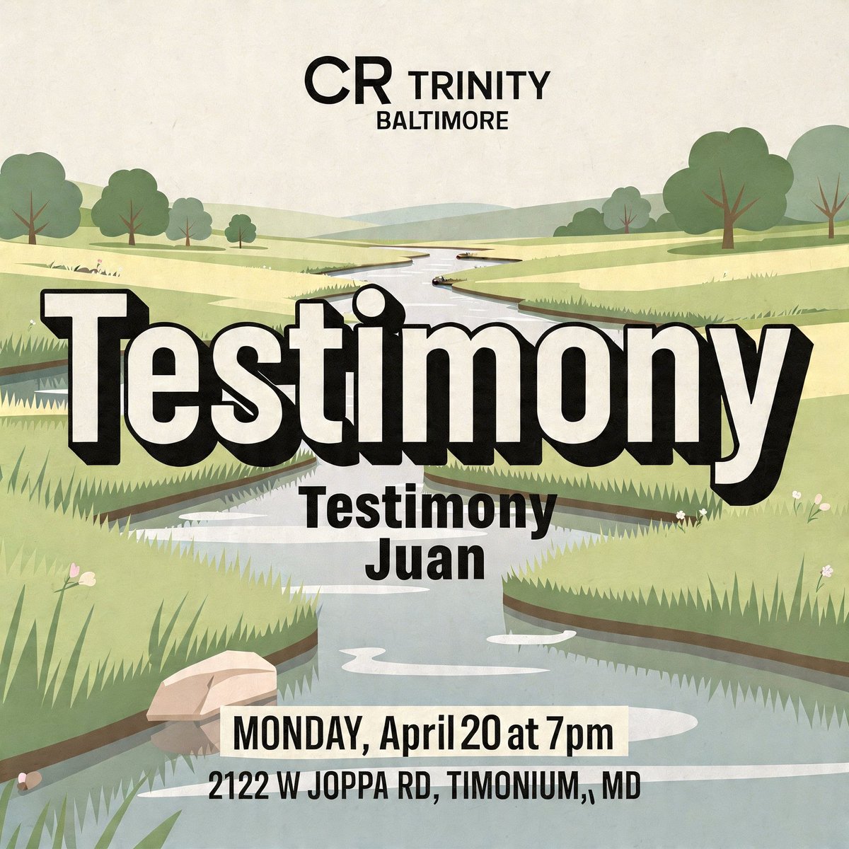 CR_Baltimore's tweet photo. Celebrate Recovery at Trinity Baltimore is having a Testimony by Juan on Monday, April 20 at 7 pm. Dinner will be at 6, smally group share will be at 8. Visit out website, https://t.co/KUuYUJXDUl to check out the menu and future events. https://t.co/g3QucP6SoW