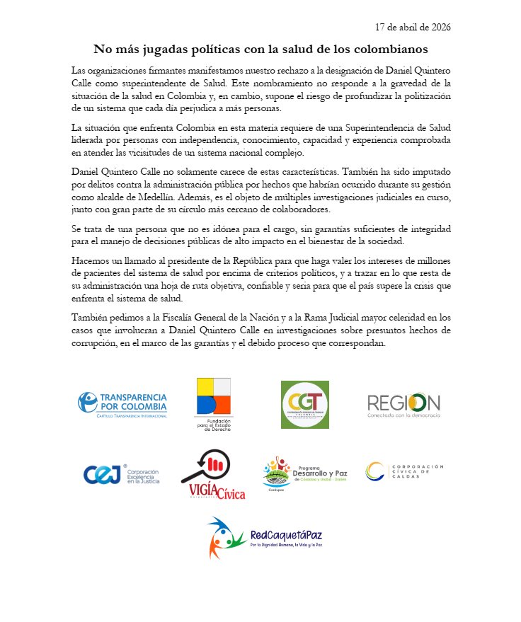 RedCaquetaPaz's tweet photo. 📢 #Pronunciamiento
Nos sumamos a este pronunciamiento.

Hacemos un llamado a que las decisiones en el sistema de salud respondan al interés público, con criterios de idoneidad, transparencia y responsabilidad frente a los desafíos que enfrenta el país.
🔗 https://t.co/IaZGlby4Ml https://t.co/MqfpRK4KjA