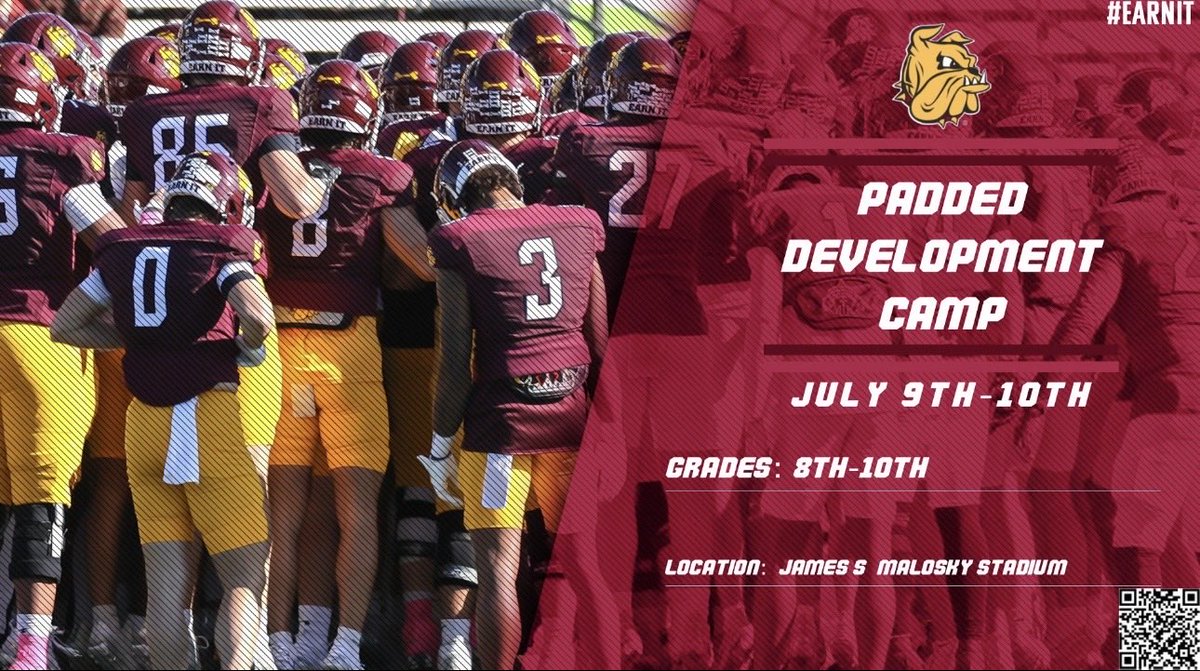 UMD_Football's tweet image. All 8th-10th Graders‼️

Our Padded Development Camp focuses on position specific drills, fundamentals, techniques, advanced training, and recruiting insight!

📅 July 9th–10th
🎓 Grades 8th–10th
📍 James S. Malosky Stadium

🔗: bulldogsfootballcamps.totalcamps.com/shop/product/5…

#GoDogs #EarnIt