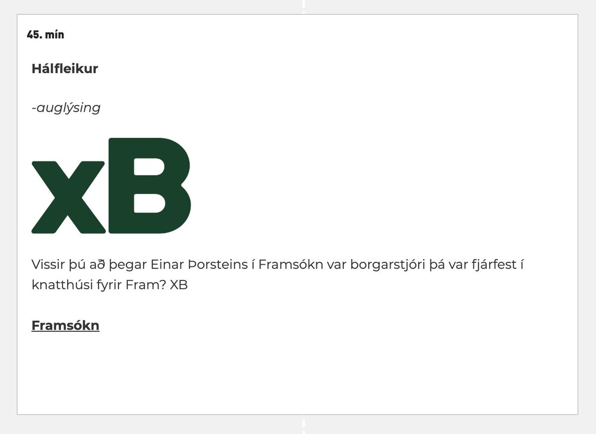 Stebbip's tweet photo. Furðufrétt dagsins var á Fótbolta-punktur-net þar sem Framsóknarflokkurinn keypti þessa auglýsingu. Við Framarar klórum okkur í kollinum enda könnumst við ekki alveg við þetta knatthús. En vonandi verður verkið boðið út á þessu ári eftir alltof langa bið. https://t.co/F2bj528IXO