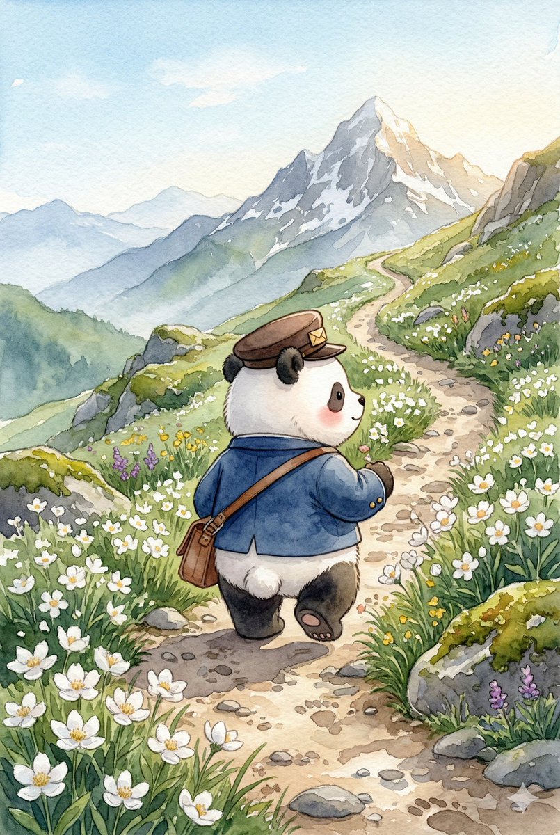 Panda_Studio_Ai's tweet image. しろい はなが みちの りょうがわに さいています。
やまみちを のぼっていくと、てっぺんが みえました。
「もう すこし……！」

#パンダ #panda #パンダ絵本 #てがみをとどけに