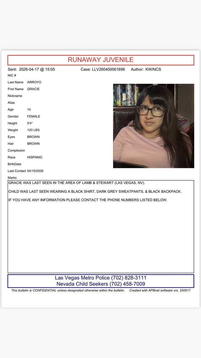 NVChildSeekers's tweet image. 🚨RUNAWAY JUVENILE 🚨

GRACIE WAS LAST SEEN IN THE AREA OF LAMB &amp;amp; STEWART RD (LAS VEGAS NV)

LAST SEEN WEARING A BLACK SHIRT, DARK GREY SWEATPANTS, &amp;amp; BLACK BACKPACK

IF YOU HAVE ANY INFO PLS CONTACT LAS VEGAS METRO POLICE 702-828-3111

#nvchildseekers #MissingChild #missingperson