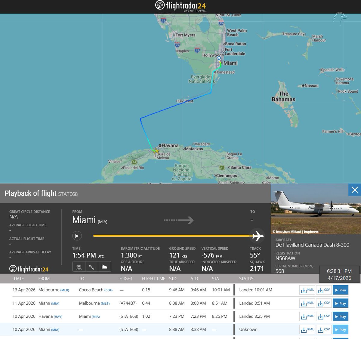 FlconEYES's tweet image. N568AW | De Havilland Canada Dash 8-Q315

El vuelo oficial del Departamento de Estado, cuando visitó Habana el #10Abril pasado. 🧐

#Miami-#Habana 

Otros encuentros anteriores pudieron haberse realizado en zonas cercanas a la isla.
#Now #ADSB #cuavion #Cuba #17Abr