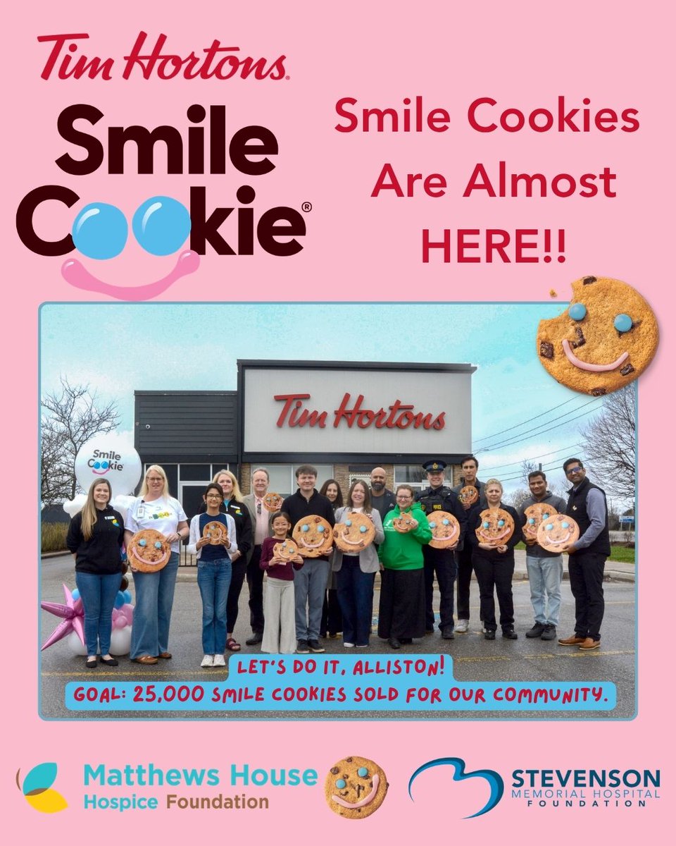 StevensonFdn's tweet image. Get ready for Smile Cookie season! 🍪😊 From April 27 to May 3, three Alliston Tim Hortons will donate all proceeds to @HouseMatthews and @StevensonFdn. Let's sell 25,000 cookies and make a difference together! 💙 #SmileCookie #TimHortons