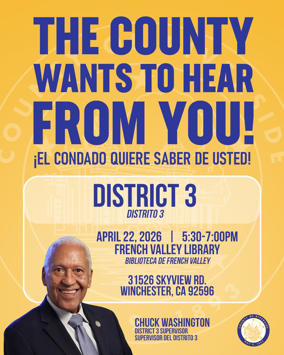 RivCoNow's tweet photo. Riverside County wants to hear from you.

Join a Community Budget Workshop and share your priorities before the budget is finalized.
• April 22 – Winchester, 5:30 – 7:00 p.m.

Details: https://t.co/61XqzWdkZj
______________________
El Condado de Riverside quiere saber de usted.

Participe en un taller comunitario sobre el presupuesto y comparta sus prioridades antes que apruebe el presupuesto.
• 22 de abril – Winchester, 5:30 – 7:00 p.m.

Details: https://t.co/61XqzWdkZj